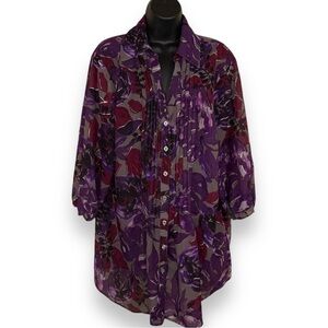 1X DAISY FUENTES PURPLE FLORAL ABSTRACT BLOUSE 3/4 SLEEVE TUNIC